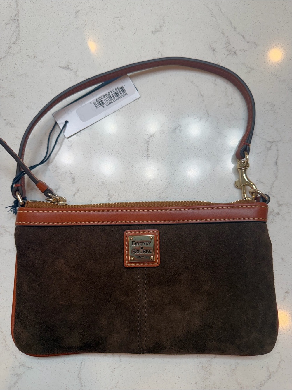 Dooney & Bourke Dark Brown Suede Wristlet with Tan Trim